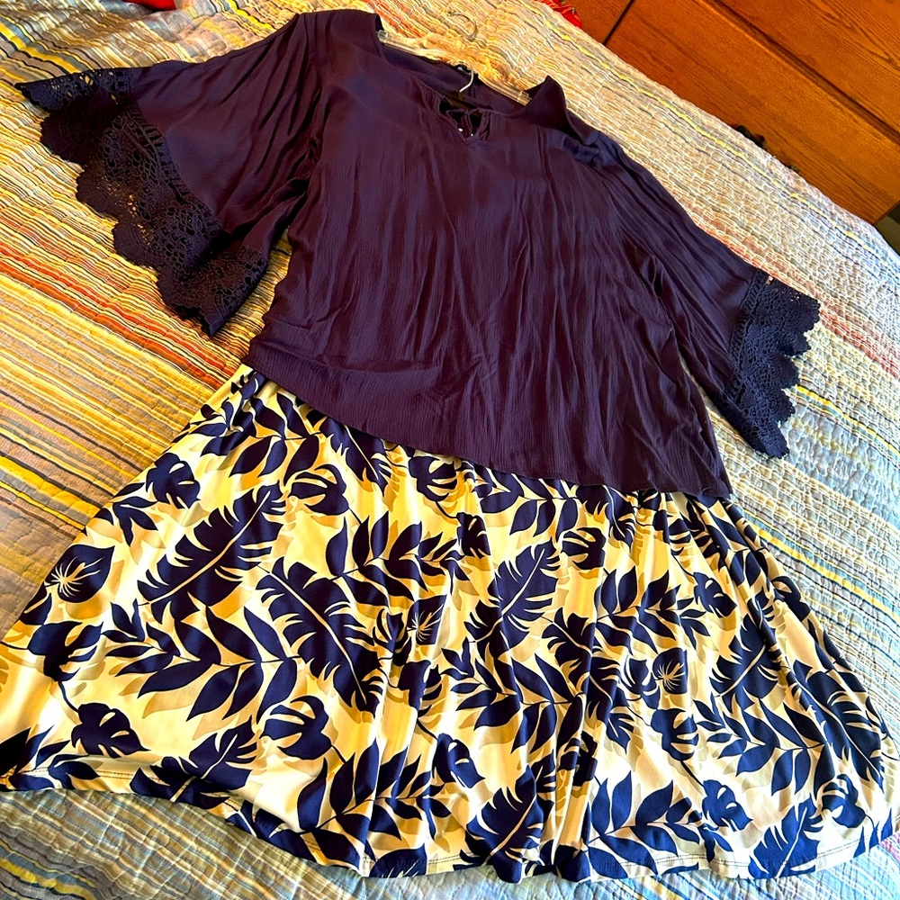 navy blue lace bell sleeve by Unique Spectrum, skirt has navy n neutral leaves